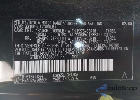 2008 Toyota Sequoia Sr5 5.7L V8 из США, поврежденный, VIN 5TDBY64A88S011053